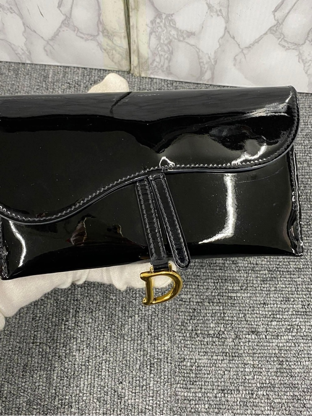 Dior Black Patent Leather Clutch with Gold 'D' Charm